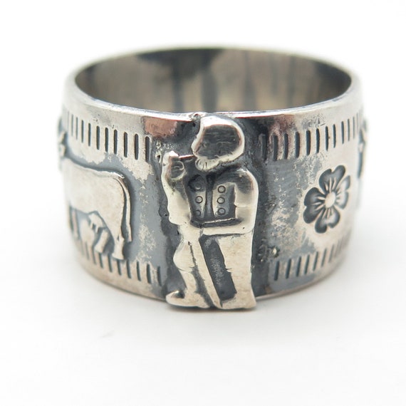 800 Silver Vintage Cow Storyteller Band Ring Size… - image 3