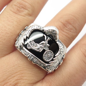 925 Sterling Silver Vintage Real Black Onyx Gem Motorcycle Eagle Ring Size 12.5