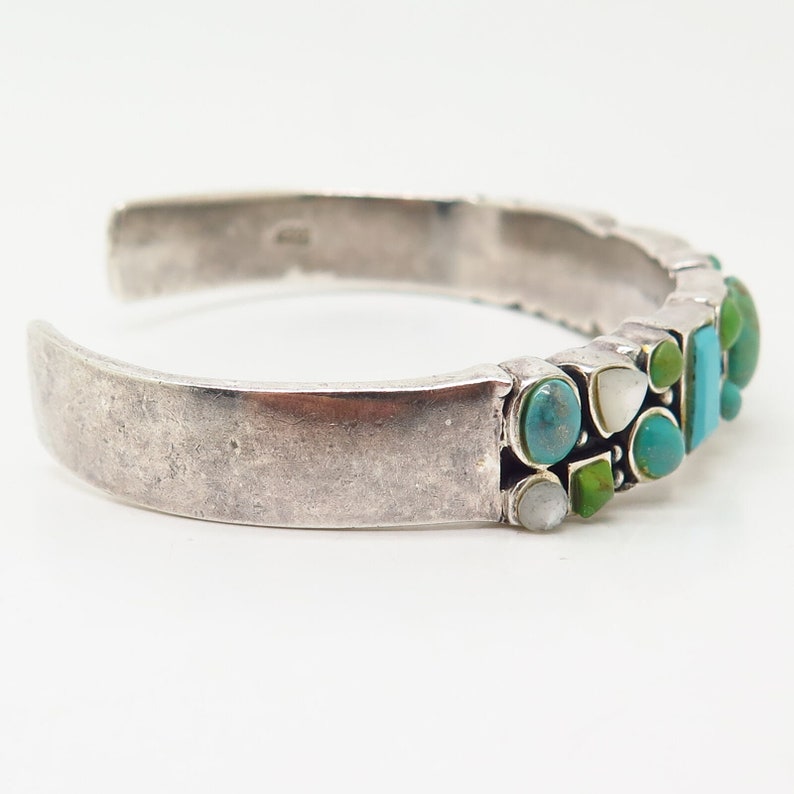 925 Sterling Vintage Multi Turquoise and Mother of Pearl Cuff Bracelet 6 34