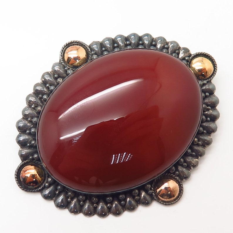 Vtg 925 Sterling Silver Real Red Agate Gemstone 2 Tone Pin BroochPendant
