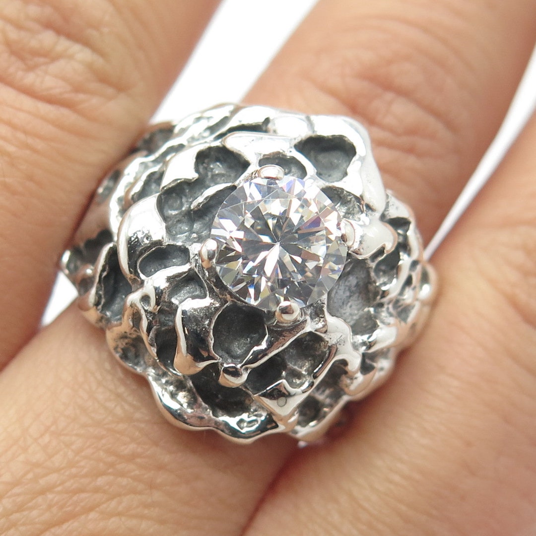 925 Sterling Silver Vintage Round-cut C Z Modernist Wide 925 Sterling Silver Vintage Round-cut C Z Modernist Wide