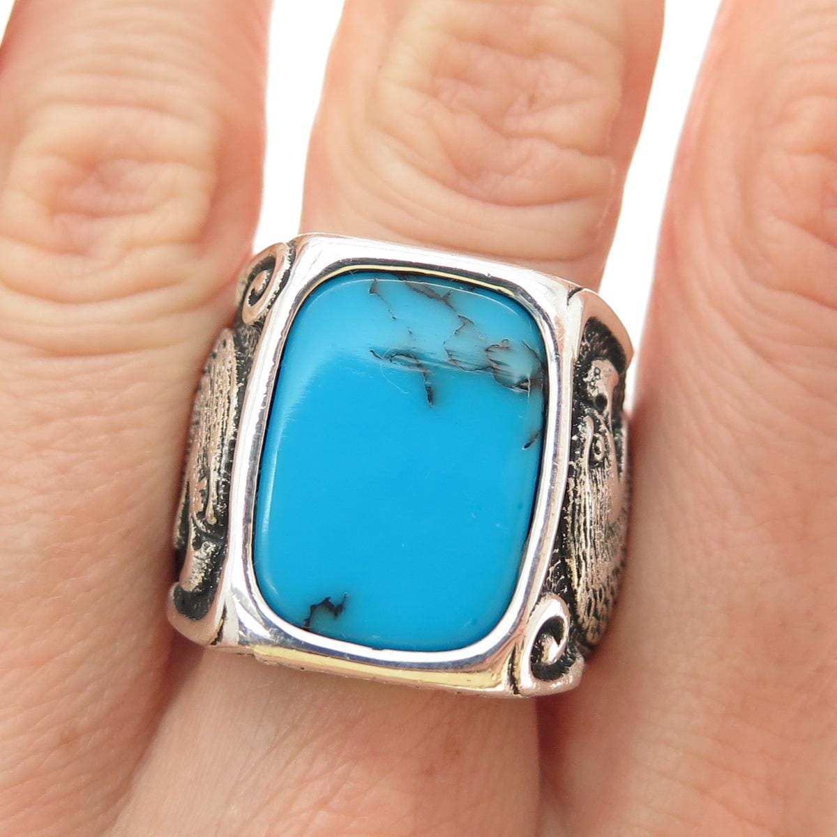925 Sterling Silver Vintage Real Bisbee Turquoise Eagle Oxidized