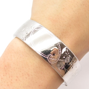 925 Sterling Silver Vintage Etched Floral Hinged Bangle Bracelet 6 3/4&quot;