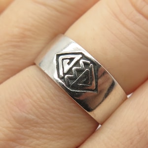925 Sterling Silver Vintage Tribal Symbols Band Ring Size 8 1/4