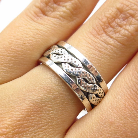 925 Sterling Silver Vintage Braided Rotating Band… - image 1