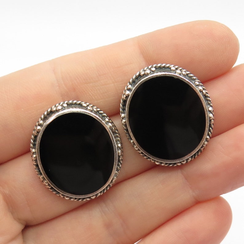 Real 2 Gemstone BLACK ONYX Old Style Earrings Silver Plated DESIGNER Jewelry 