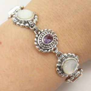 925 Sterling Silver Vintage Blue Topaz Amethyst Gem and MOP Link Bracelet 7.5&quot;