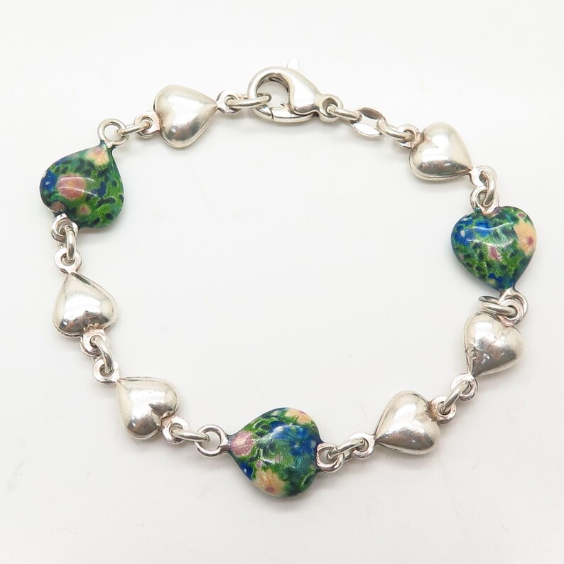 925 Sterling Silver Italy Floral Heart Link Bracelet 6.5