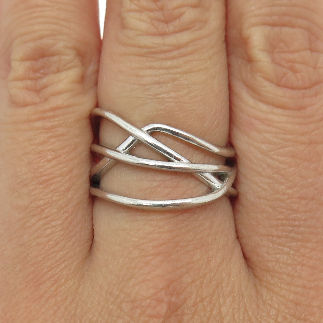 FUZION 925 Sterling Silver Vintage Modernist Crisscross Wavy Ring Size