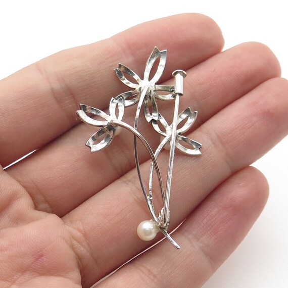 925 Sterling Silver Vintage Real Pearl Floral Pin… - image 2