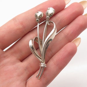 835 Silver Vintage Real Pearl and Marcasite Gemstone Floral Pin Brooch