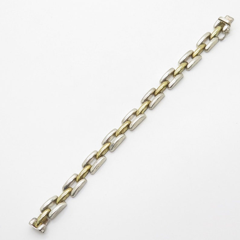 Italy 925 Sterling Silver Two Tone Wide Hollow Link Bracelet 6 34