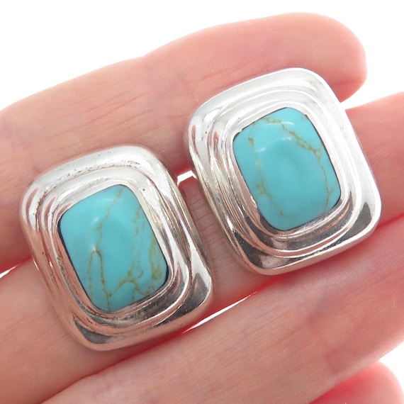 925 Sterling Silver Vintage Mexico Real Lone Mountain Turquoise Earrings