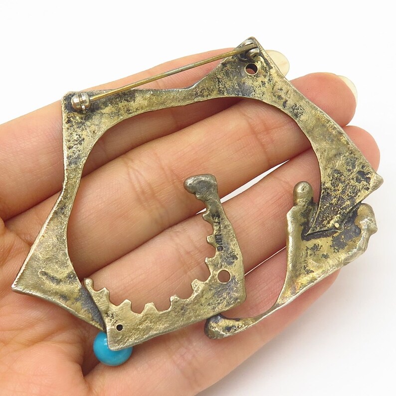 Vtg Sterling Silver Gold Plated MOP and Turquoise Bead Modernist Design Pin Brooch