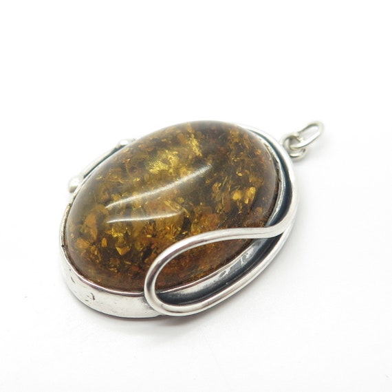 925 Sterling Silver Vintage Real Amber Pendant - image 5