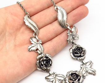 925 Sterling Silver Vintage Rose Floral Design Statement Chain Necklace 16"