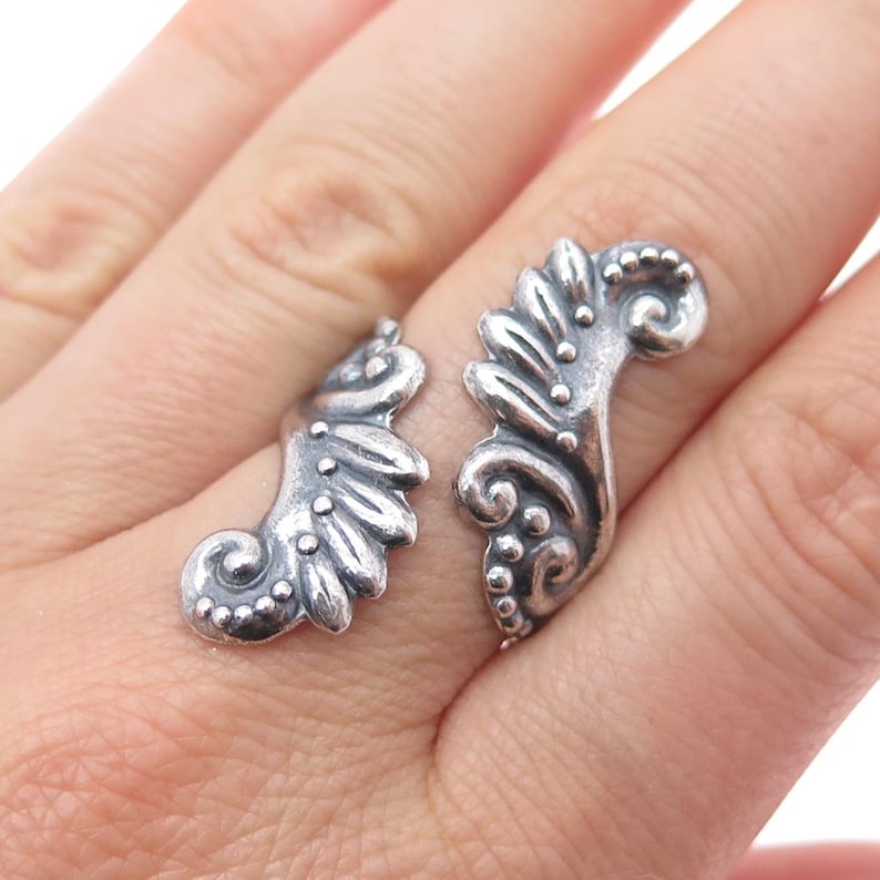 925 Sterling Silver Vintage Mexico Angel Wings Adjustable Oxidized Ring Size 9 image 1
