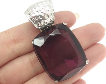 925 Sterling Silver Vintage Purple Glass Large Pendant