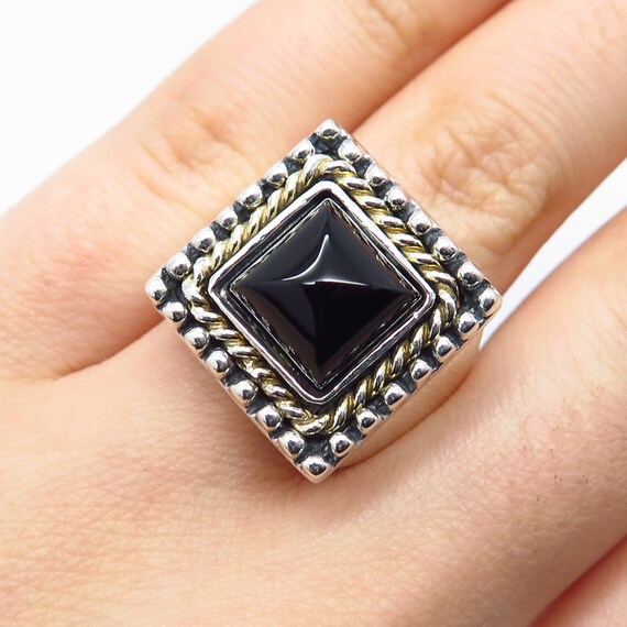 925 Sterling Silver 2-tone Vintage Italy Real Black Onyx Gemstone