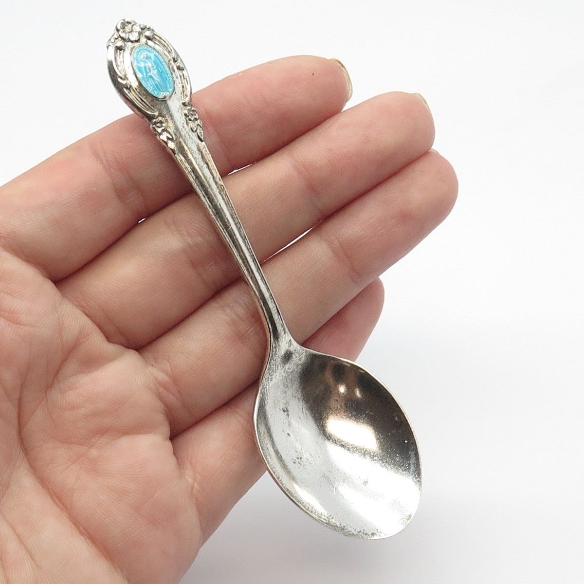 その他 Silver TeaSpoon NORWAY STERLING 925S 925 Sterling Silver Antique Hayward Blue Enamel Virgin Mary Floral