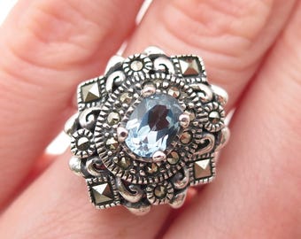 925 Sterling Silver Vintage Real Blue Topaz & Marcasite Oxidized Ring Size 5.75