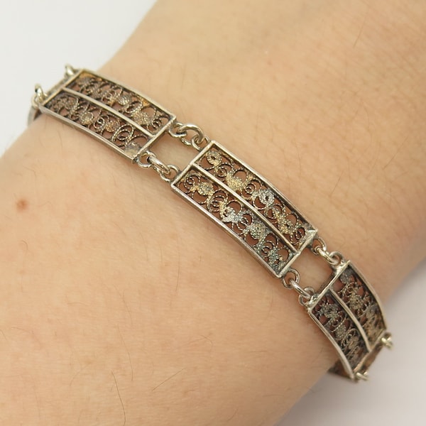 800 Silver Vintage Gold Plated Filigree Panel Link Bracelet 6.5"