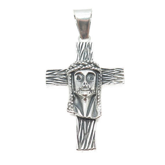 950 Silver Vintage Jesus Cross Oxidized Pendant - image 4