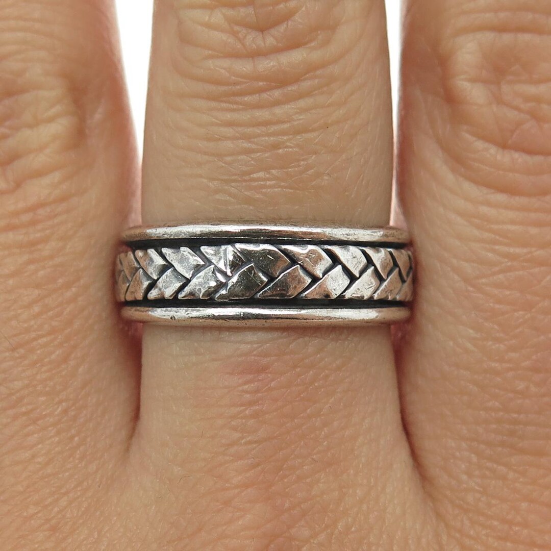 925 Sterling Silver Vintage Braided Rotating Band Oxidized Ring Size 8. ...