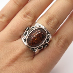 925 Sterling Silver Vintage Real Amber Swirl Ring Size 7.5