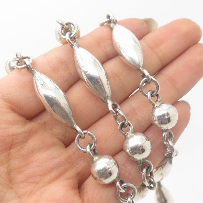 Vtg Mexico 925 Sterling Silver Long Hollow Modernist Bead Chain Necklace 28