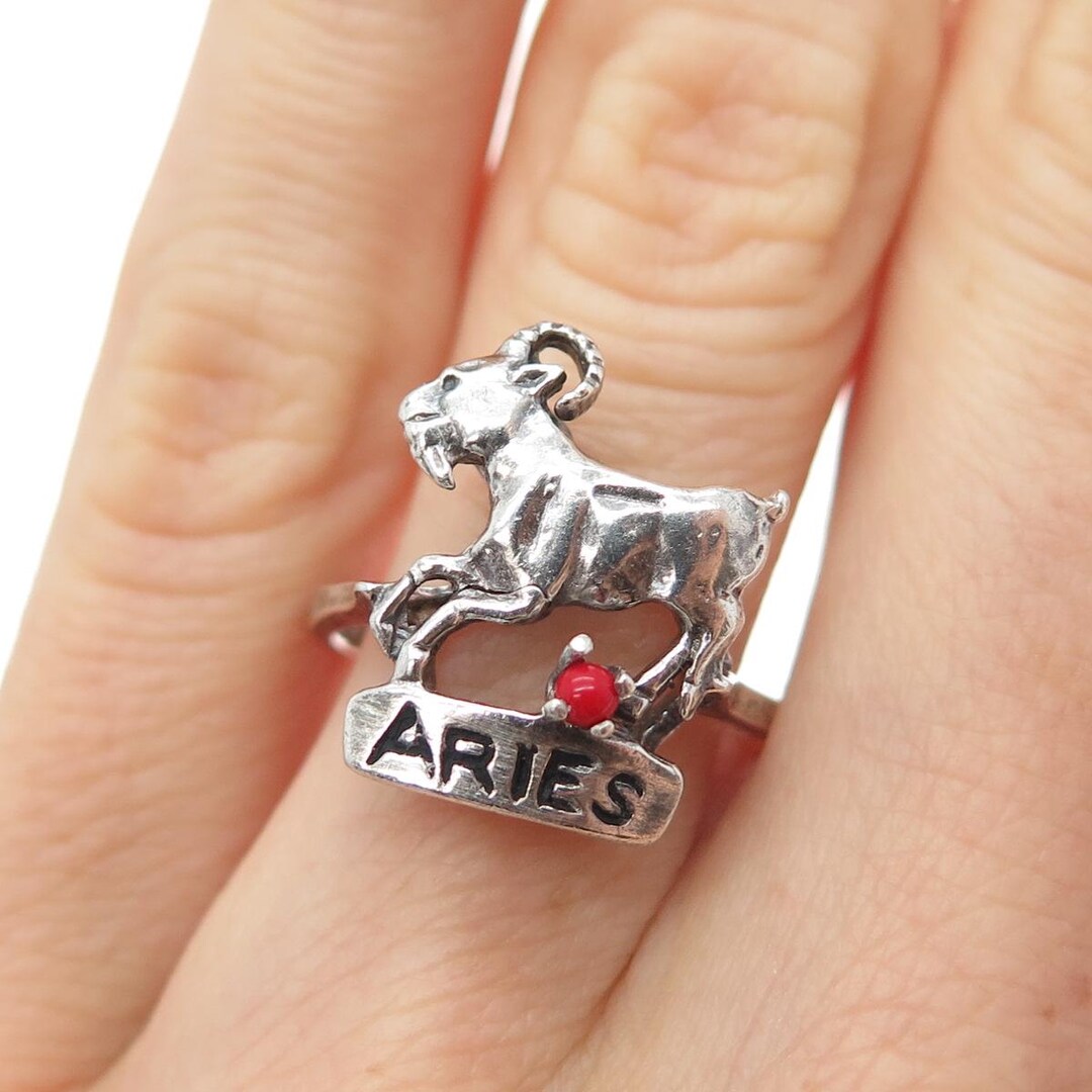 925 Sterling Silver Vintage Real Coral Aries Zodiac Sign Ring Size 6 - Etsy