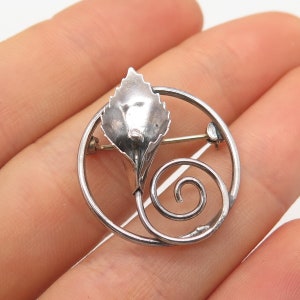 925 Sterling Silver Vintage Calla Lily Flower Round Pin Brooch