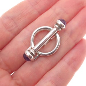 May include: A silver-toned brooch featuring a circular frame with a central horizontal bar. The bar is capped at both ends with small, smooth, dark purple cabochon stones. The metal has a polished, reflective finish throughout the entire piece.