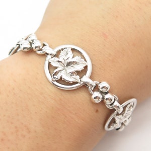 925 Sterling Silver Vintage Grape Leaf Panel Link Bracelet 6.5&quot;