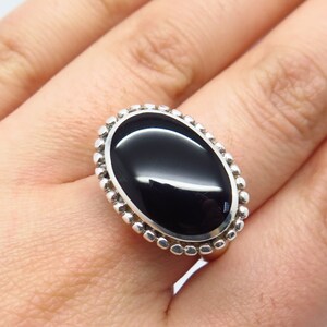 925 Sterling Silver Vintage Real Black Onyx Gemstone Beaded Ring Size 7.5