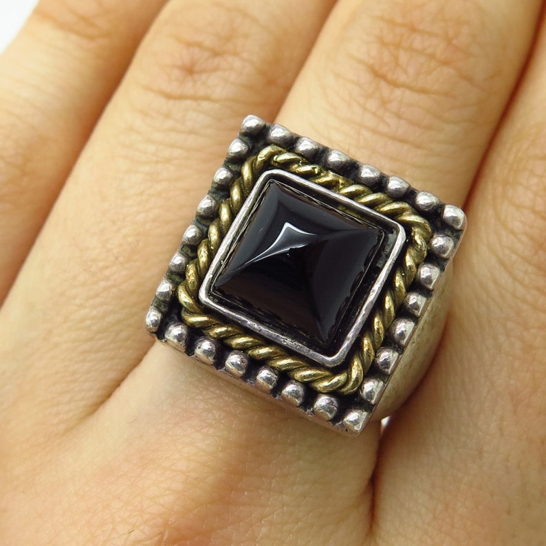 Italy Signed 925 Sterling Silver 2 Tone Real Black Onyx Gem Wide Ring Size 6 34