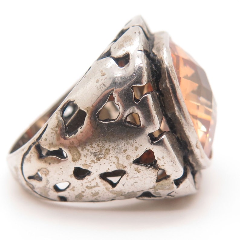 925 Sterling Silver Large Cognac CZ Modernist Ring Size 5 34