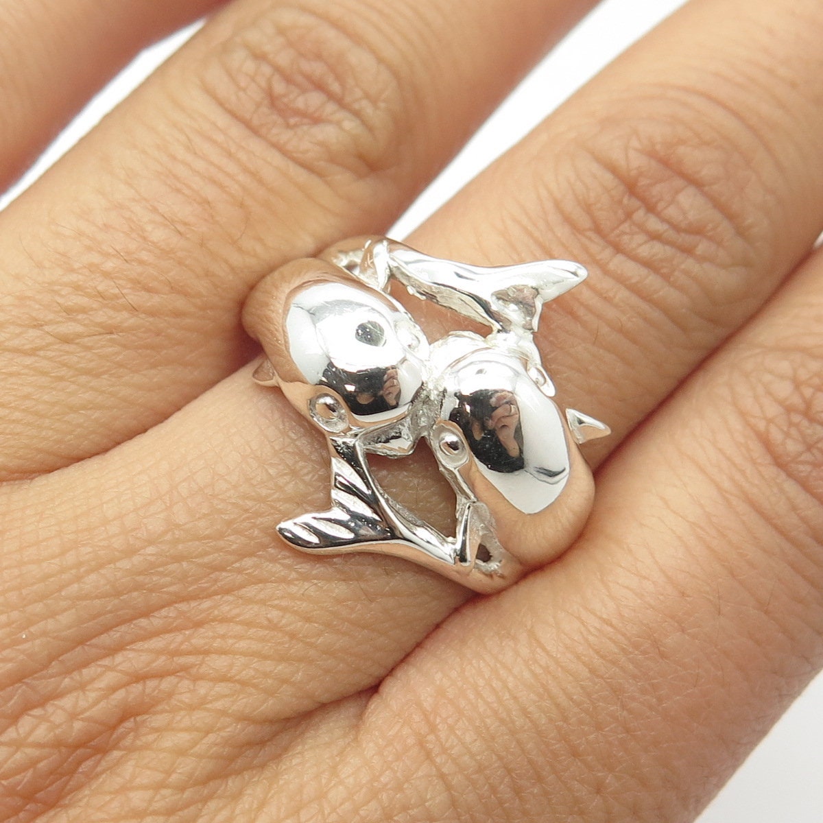 ア*ト様 メノウカメオ リング silverリング12号 925 Sterling Silver Vintage Shiny 2 Playing Dolphins Cocktail Ring