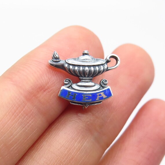 925 Sterling Silver Vintage Enamel "HEA" Teapot Small Pin Brooch