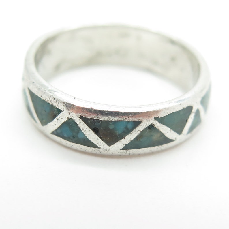 Old Pawn Navajo Sterling Silver Southwestern Turquoise Inlay Band Ring