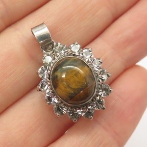 925 Sterling Silver Vintage Real Tiger Eye Gemstone and Rhinestone Pendant