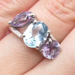 925 Sterling Silver Vintage Real Blue Topaz and Amethyst Cluster Ring Size 6.75
