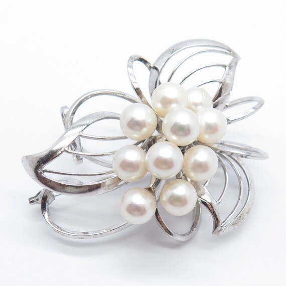 920 Silver Vintage Real Pearl Floral Pin Brooch - image 4