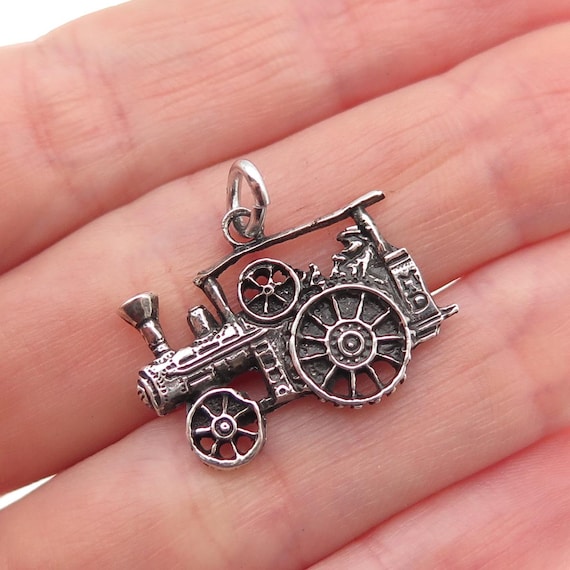 925 Sterling Silver Vintage Steam Traction Engine Oxidized Charm Pendant