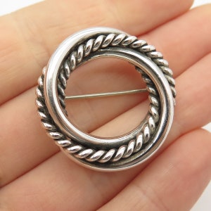 925 Sterling Silver Vintage Mexico Twisted Round Interlocked Pin Brooch