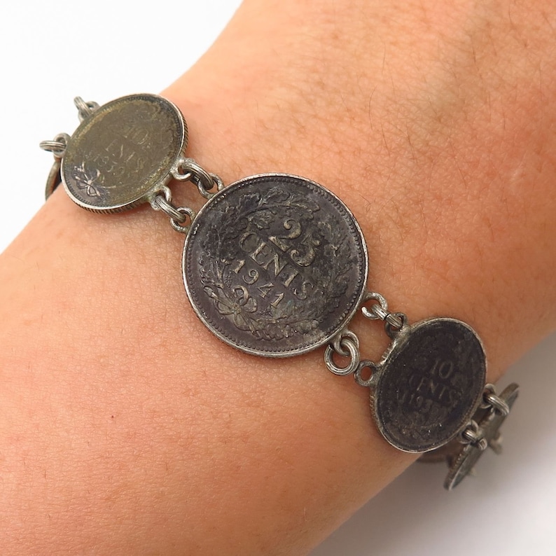 640 Silver Antique 1940s Wilhelmina Koningin Assorted Coin Link Bracelet 7 14