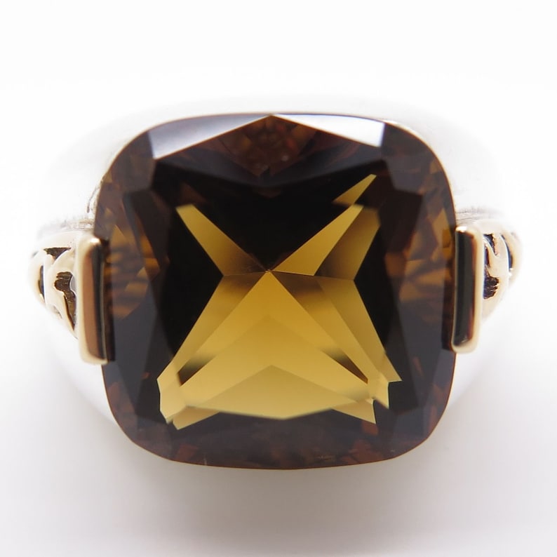 Signed 925 Silver Gold 14K Real Large Dark Citrine Gemstone Ring Size 7 14