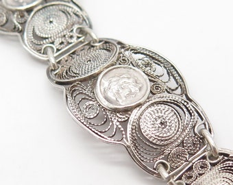 925 Sterling Silver Vintage Filigree Panel Link Bracelet 6 3