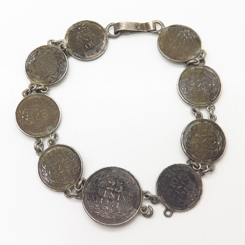 640 Silver Antique 1940s Wilhelmina Koningin Assorted Coin Link Bracelet 7 14