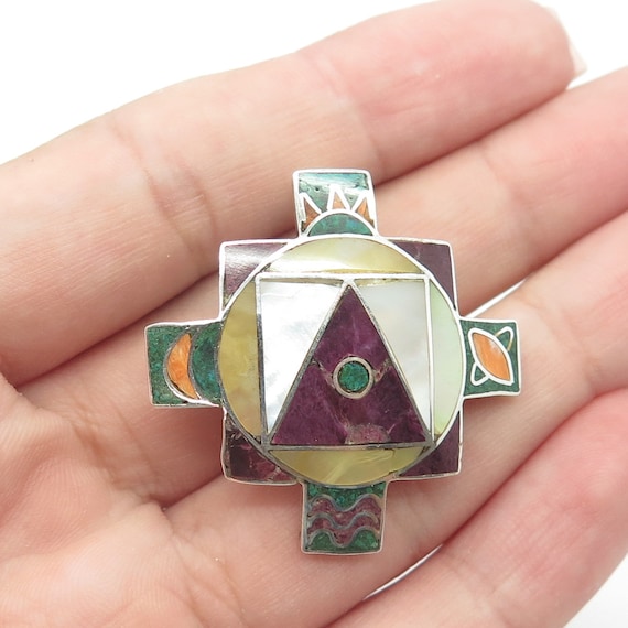 950 Silver Vintage Real Multi-Gem Peruvian Tribal… - image 1